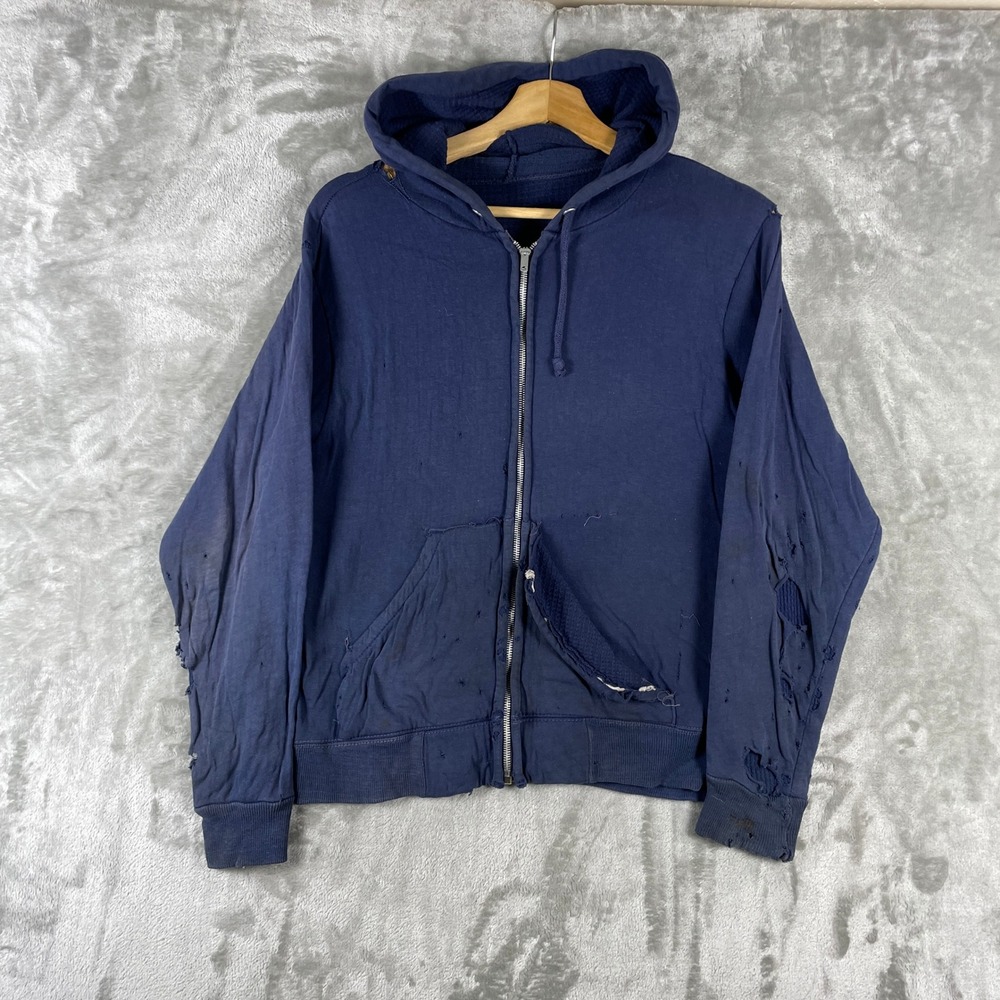 True Vintage 1960s Thermal Lined Hoodie Mens Small Blue Double Face Distressed